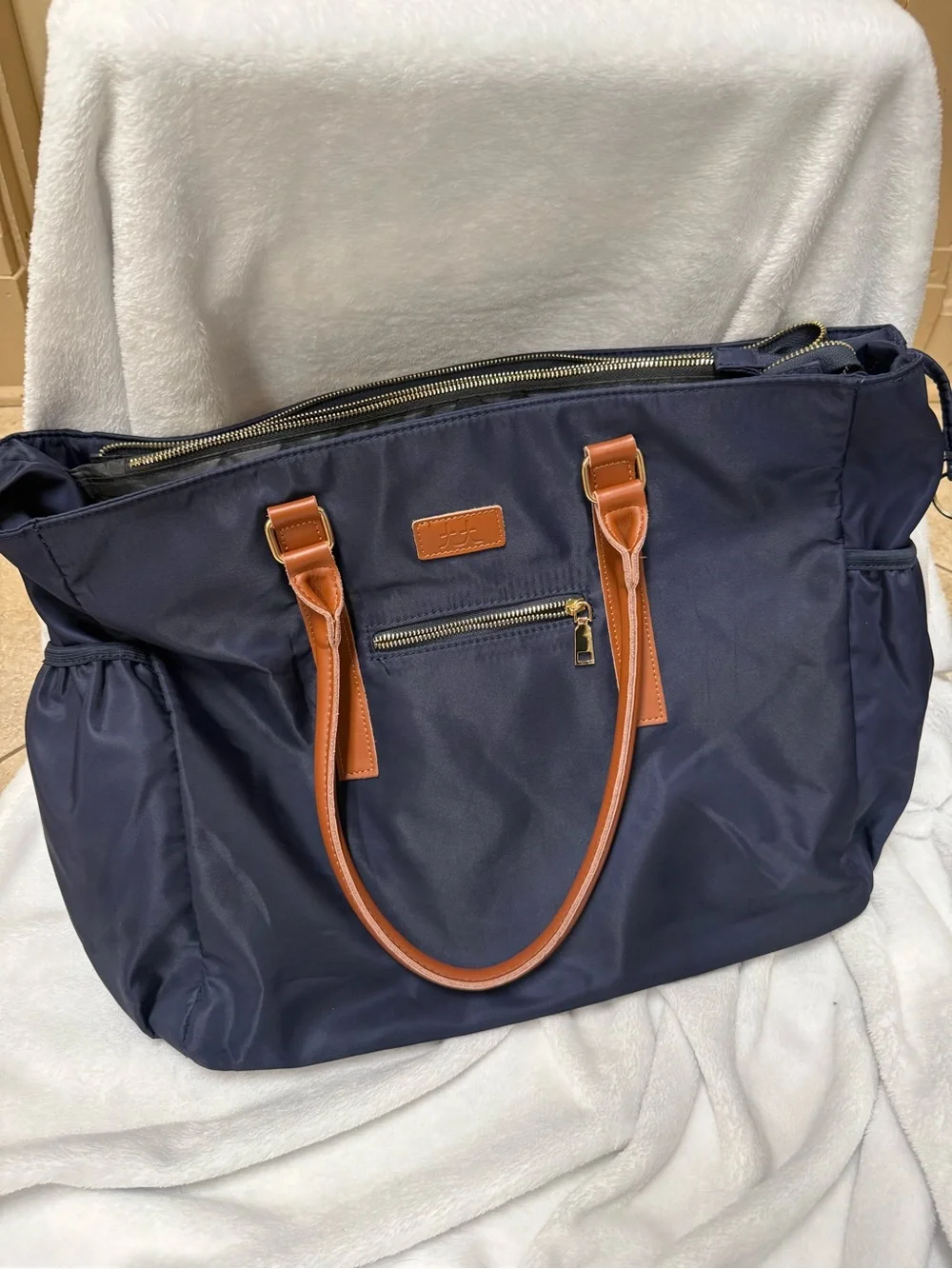 Navy Nylon Tote with Tan Handles